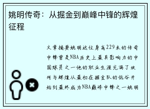 姚明传奇:从掘金到巅峰中锋的辉煌征程 姚明传奇:从掘金到巅峰中锋的辉煌征程